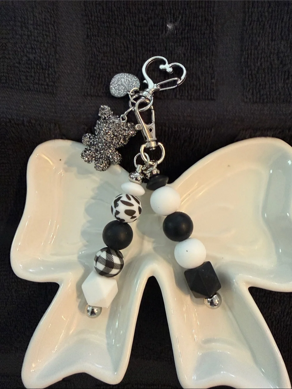 Black & White Beaded Keychain with Glitter Bear Charm